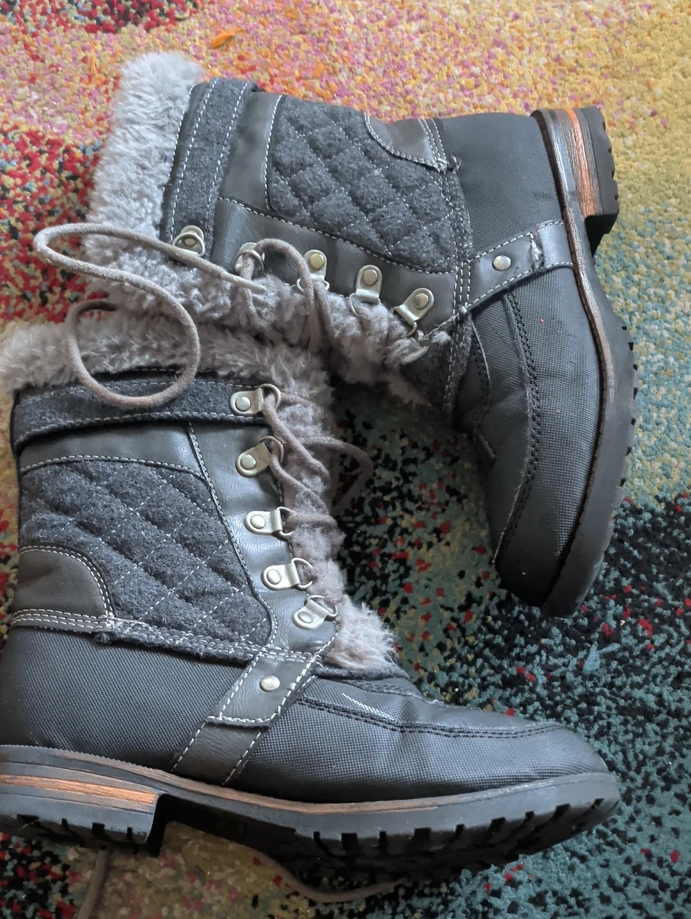 Rock & Candy Girls Gray Quilted Faux-Fur Lace-Up Boots